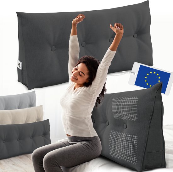 Coussin de soutien dorsal ELONEO, coussin triangulaire et coussin de tête de lit pour lit et canapé, housse amovible et lavable, poche latérale pratique