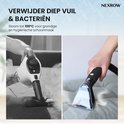 Zwart-wit afbeeldingen van NEXROW stoomreiniger voor diepe reiniging en verwijdering van bacteriën op meubels.