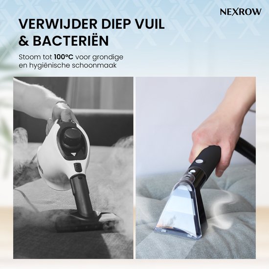 Zwart-wit afbeeldingen van NEXROW stoomreiniger voor diepe reiniging en verwijdering van bacteriën op meubels.