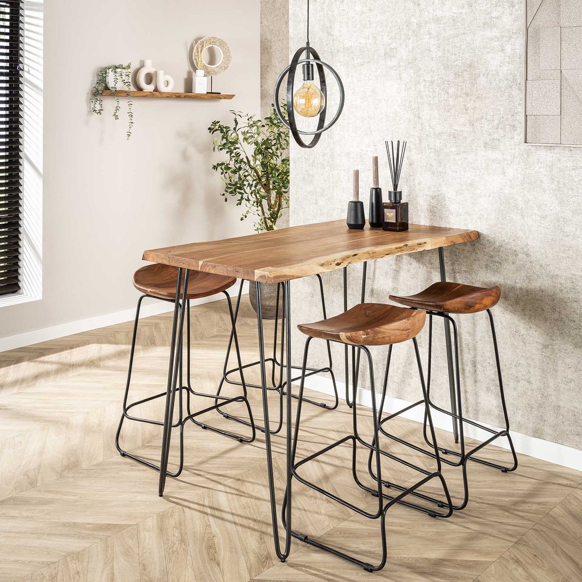 Dimehouse Industriële Bartafel Acaciahout Elin 130 cm - 130 x 70 x 92 cm - Hout - Industrieel