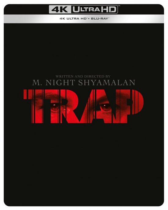 4K Ultra HD Blu-ray hoes met de titel 'TRAP' in rode letters, geschreven en geregisseerd door M. Night Shyamalan.