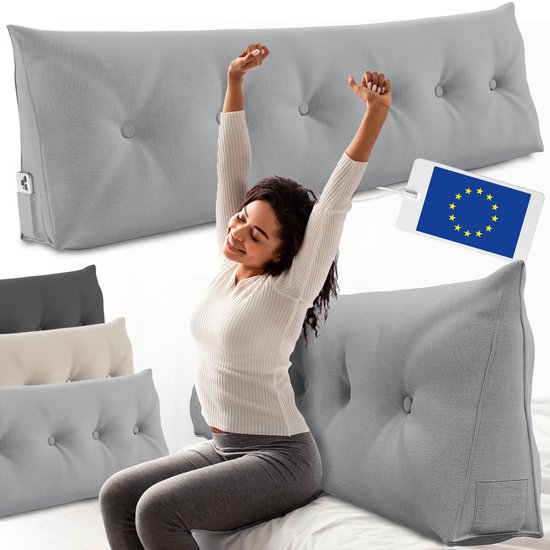 ELONEO Rugsteunkussen – Driehoekig Wigkussen & Hoofdbordkussen voor Bed of Sofa - Wasbare Hoes - 180 cm