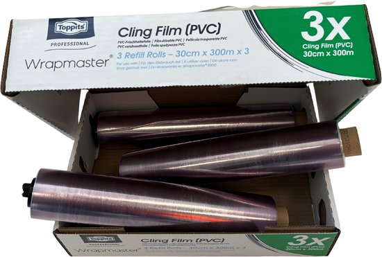 Boîte de 3 rouleaux de film alimentaire (PVC) Wrapmaster Toppits de couleur brun-violacé, 30cm x 300m.