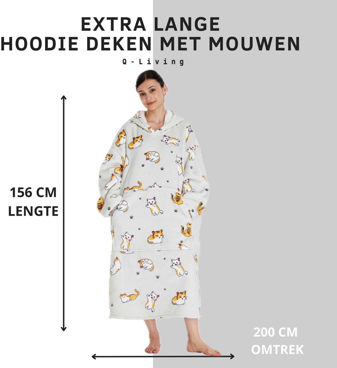 Q-Living Hoodie Deken - Extra Lang & Dik - Plaid Met Mouwen - Snuggle Hoodie - Fleece Deken Met Mouwen - Kat Extra Lang — cadeau in Wonen & Interieur - foto 7