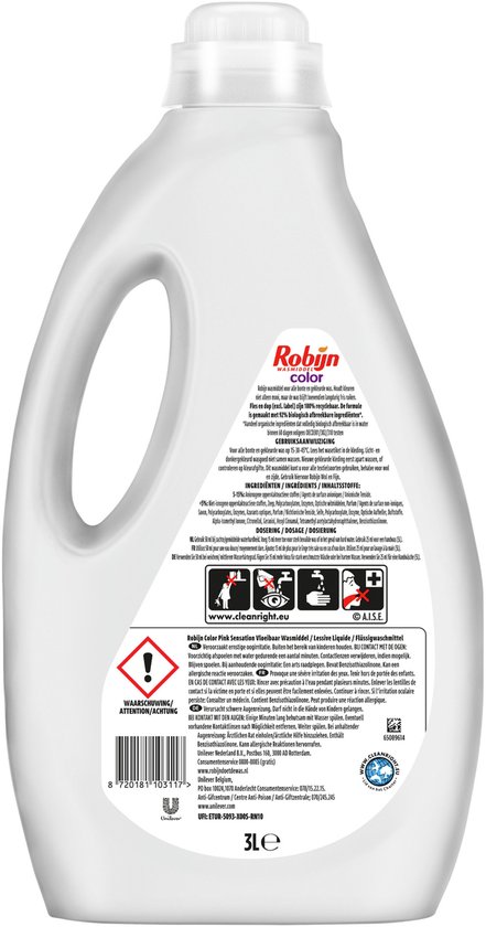 Arrière d'une bouteille transparente de lessive Robijn avec texte néerlandais et français et logos.