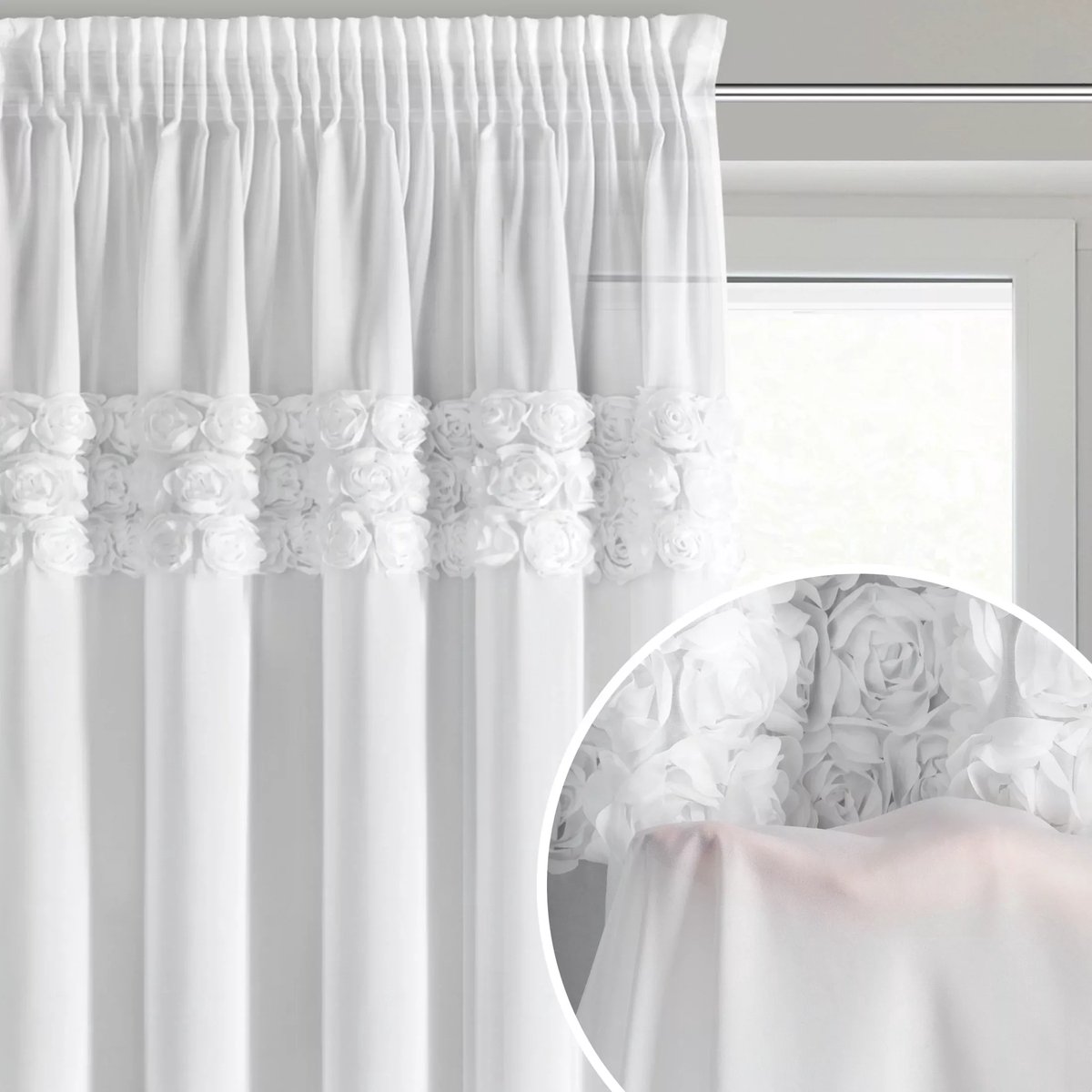 Vitrage - Gordijn met plooiband – Luxe Witte Chiffon met 3D Rozen – 140 x 270 cm – 1 Stuk