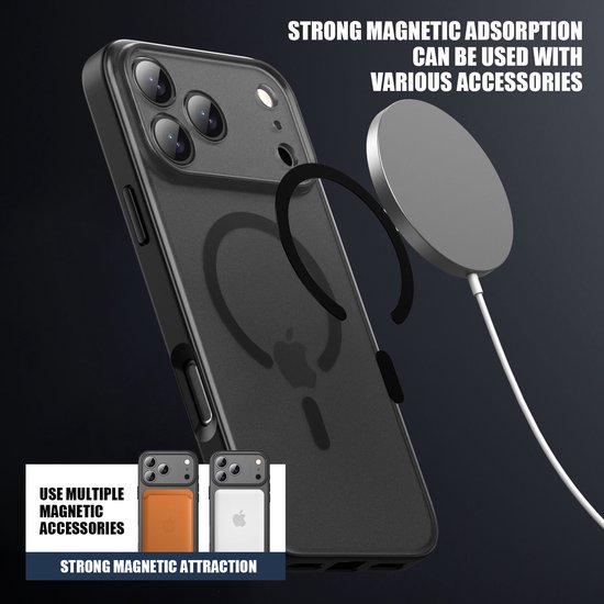 Doorschijnend matzwart iPhone-hoesje met MagSafe-ring, toont magnetische accessoires, met oranje en wit magnetisch accessoire inzet.
