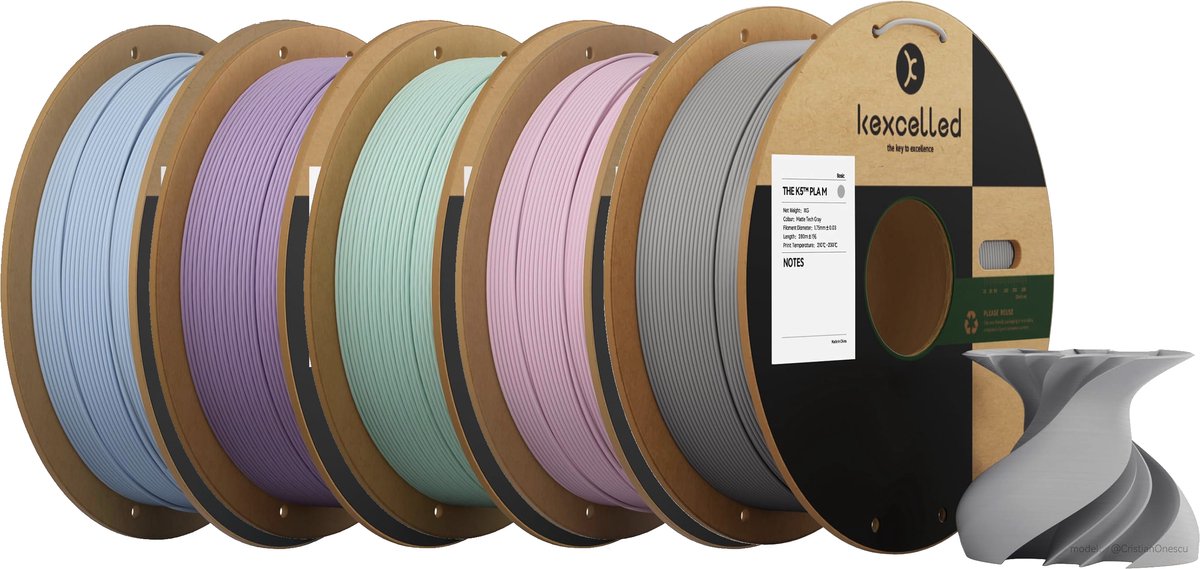 Kexcelled PLA Mat Combideal - 5x 1kg Filament - Mat Aqua Blauw, Mat Lavendel, Mat Vivid Cyan, Mat Perzik, Mat Grijs