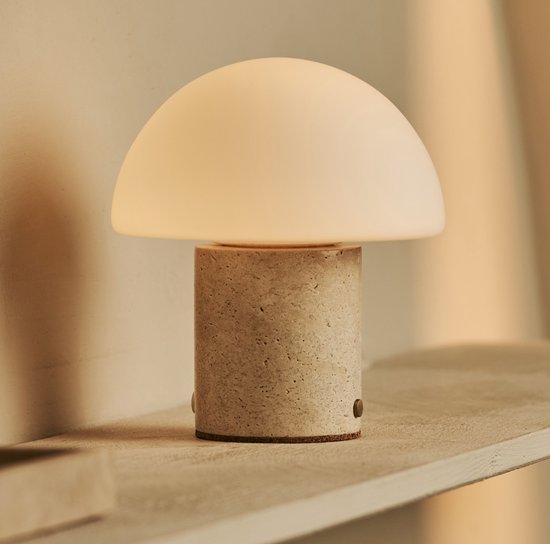Tavellio Maris Draadloze Tafellamp – H19 – Travertijn en Glas – Tot 100 branduren – Beige