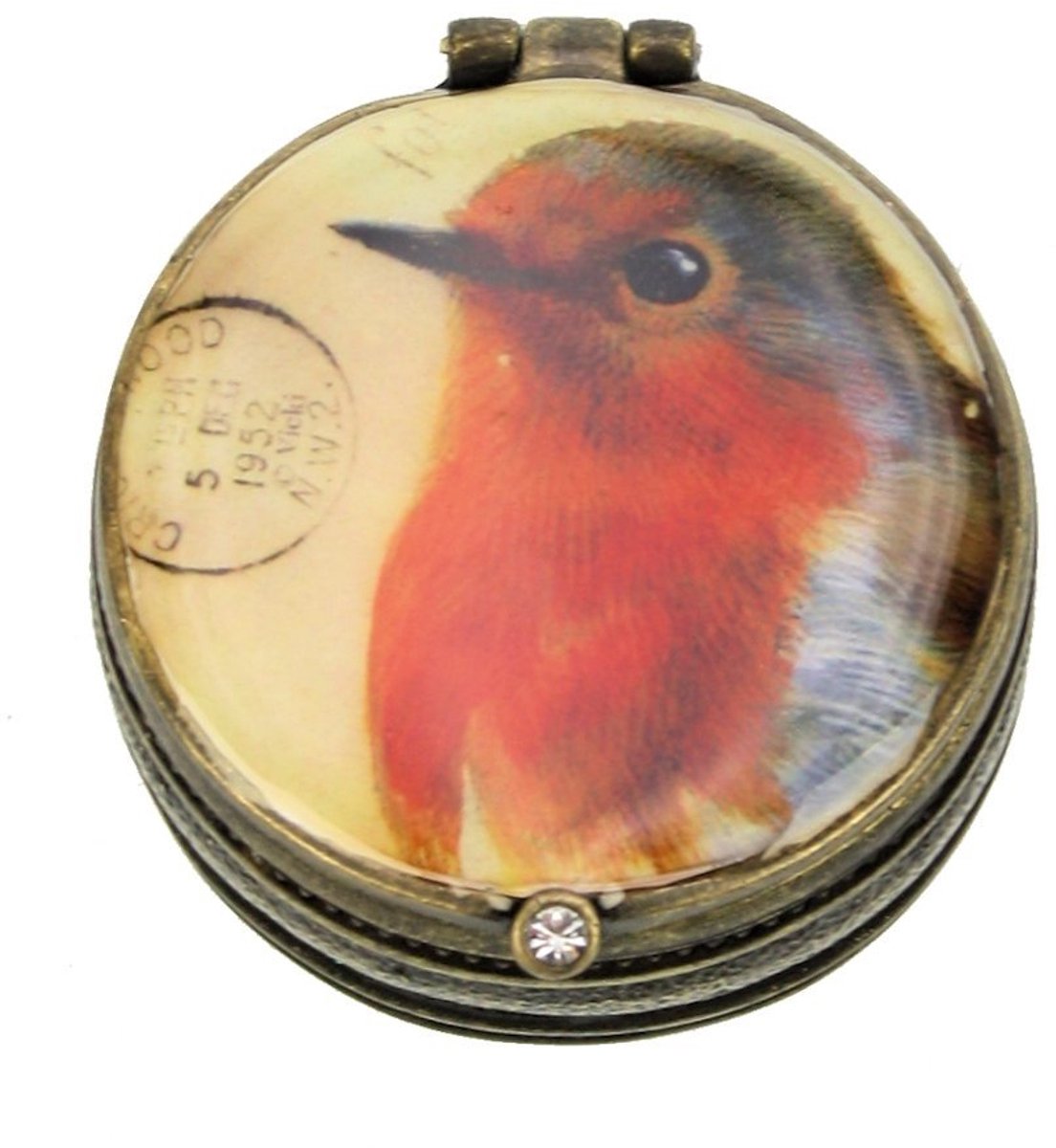 Mini Doosje met Roodborstje – Rond Ø4 cm – Decoratief Bewaardoosje – Metaal