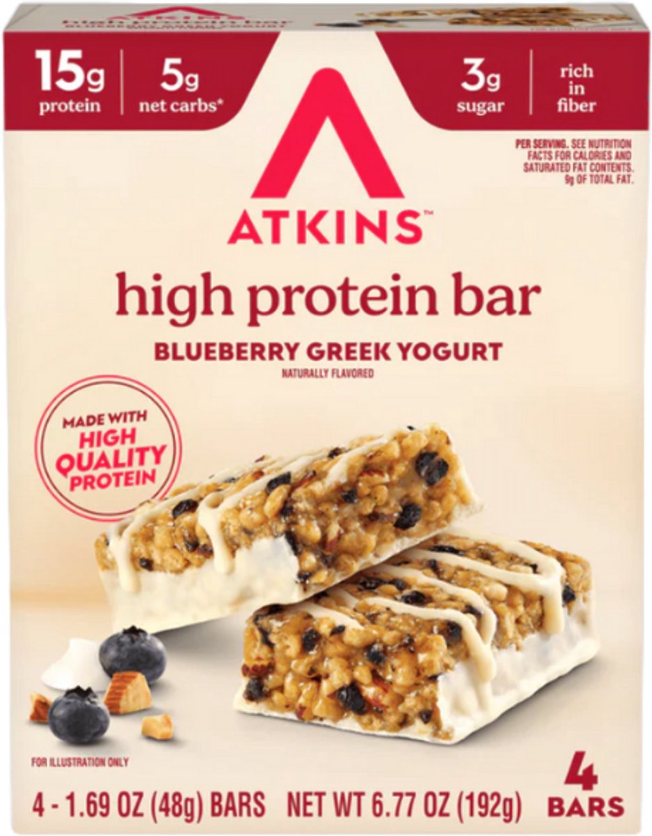 Atkins | High Protein Bar | Blueberry Greek Yoghurt Bar | 4 x 48g