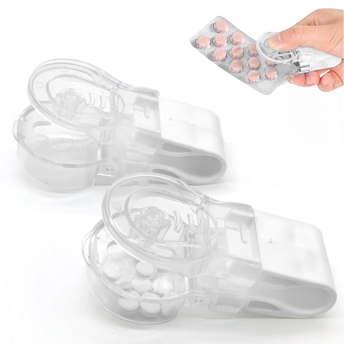 Draagbare pillendoos, 2 stuks kleine draagbare pillendoosjes voor tabletten, pillenpons voor blisterverpakkingen met container, gemakkelijk pillen uit de verpakking halen - wit
