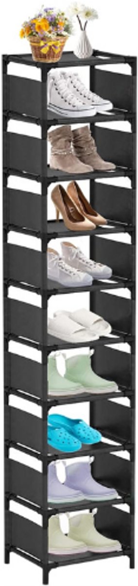 BOG Smal Schoenenrek 10 Lagen - Hoog Verticaal Schoenenrek Ruimtebesparend - Schoenen Organizer Voor Hal Deur En Kleine Ruimtes - Enkel Paar Schoenenrek Zwart