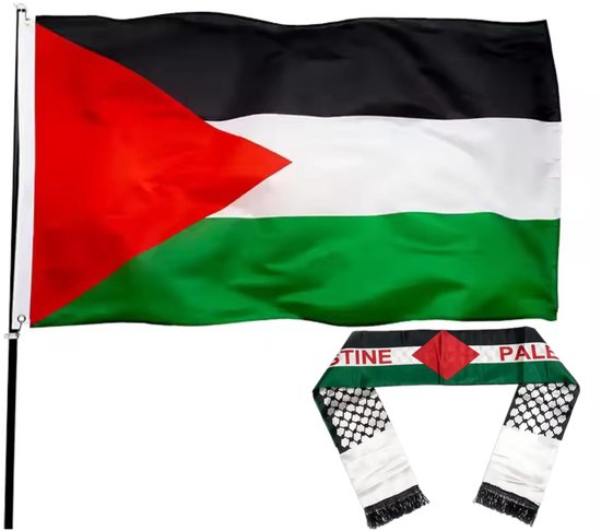 Drapeau palestinien officiel | drapeau de Gaza | 150 x 90 | Convient pour une utilisation en extérieur | Polyester de haute qualité + écharpe drapeau palestinien en satin 14 x 130