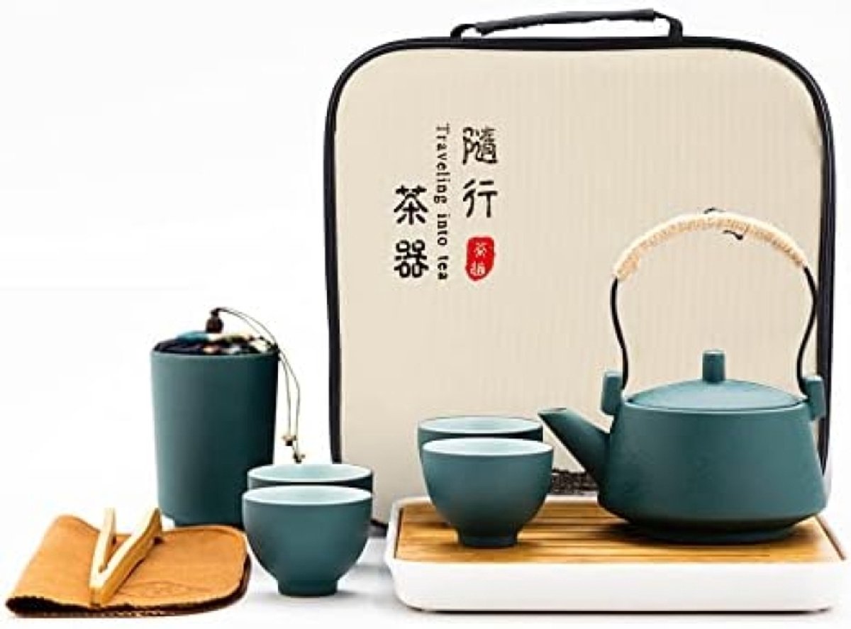 PromoHome Draagbare Theeset met Bamboe Dienblad - Keramisch Servies