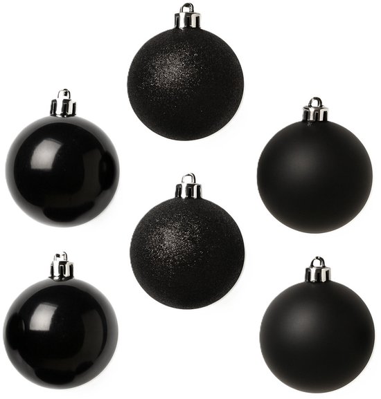 Six boules de Noël noires avec finitions brillantes, mates et pailletées, et attaches argentées.