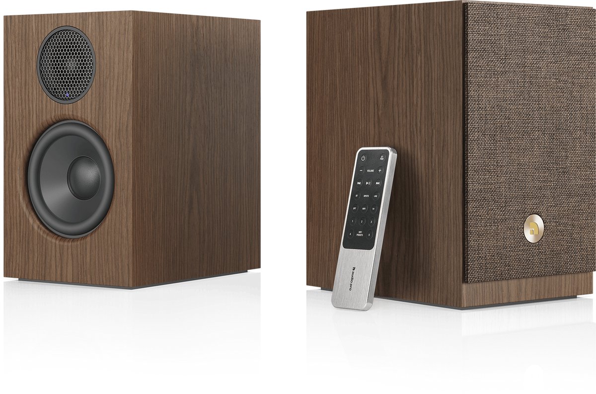 Audio Pro A28 W Smart Multiroom Actieve Boekenplank Speakers - Audio Pro Multiroom (Linkplay) - Ruimtecorrectie - 2x75W Speakers - Walnoot