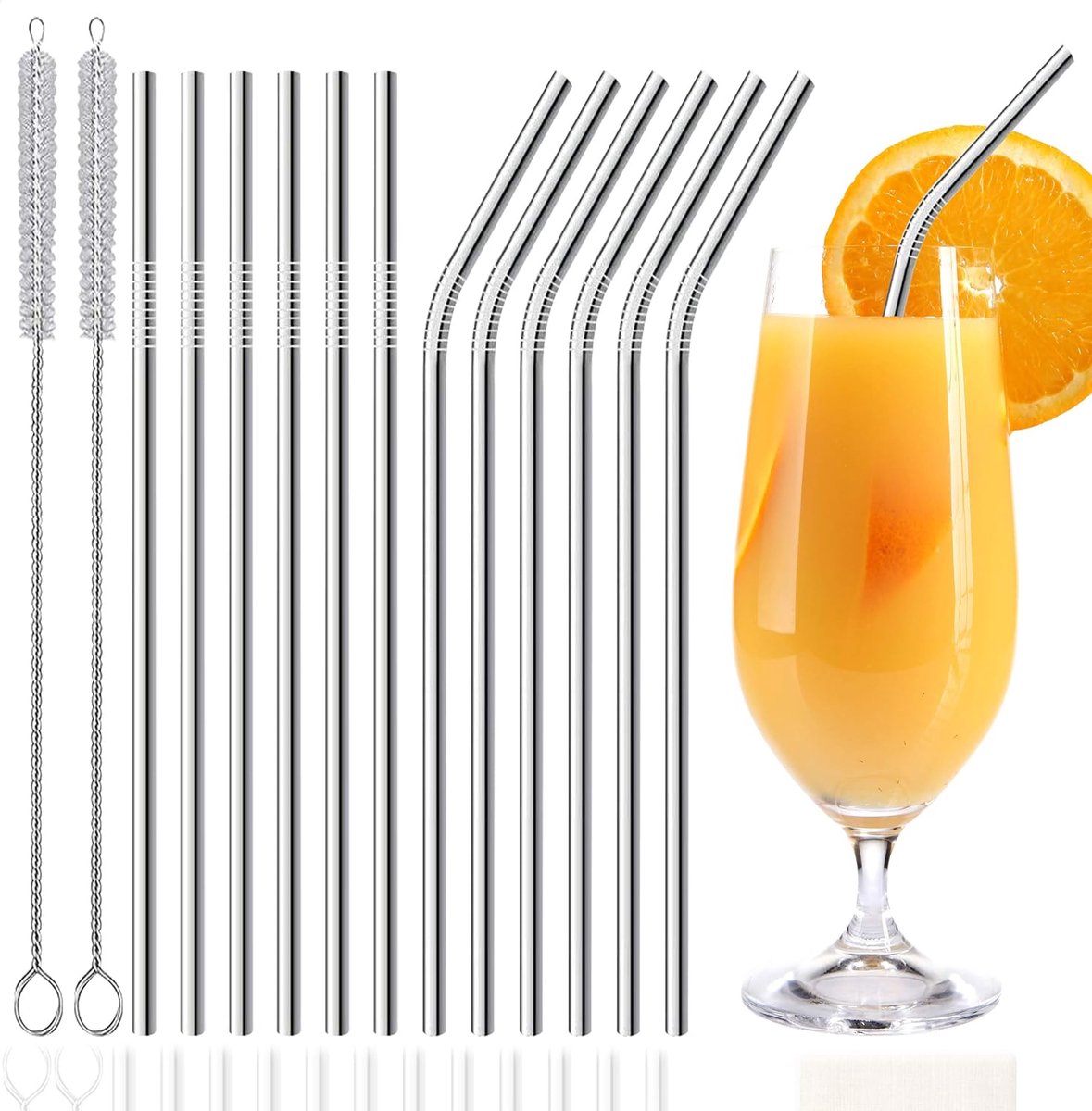 Cuhostki 12Pcs Stainless Steel Reusable Eco-Friendly Straws Silver Straight and Curved