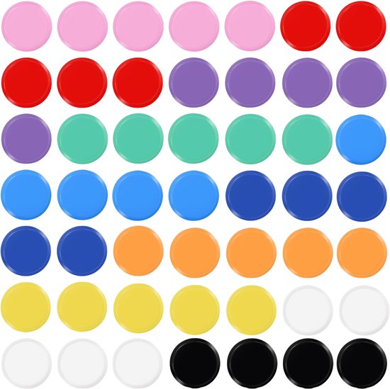 Een raster van 50 ronde magneten in 10 kleuren: roze, rood, paars, groen, blauw, oranje, geel en wit.