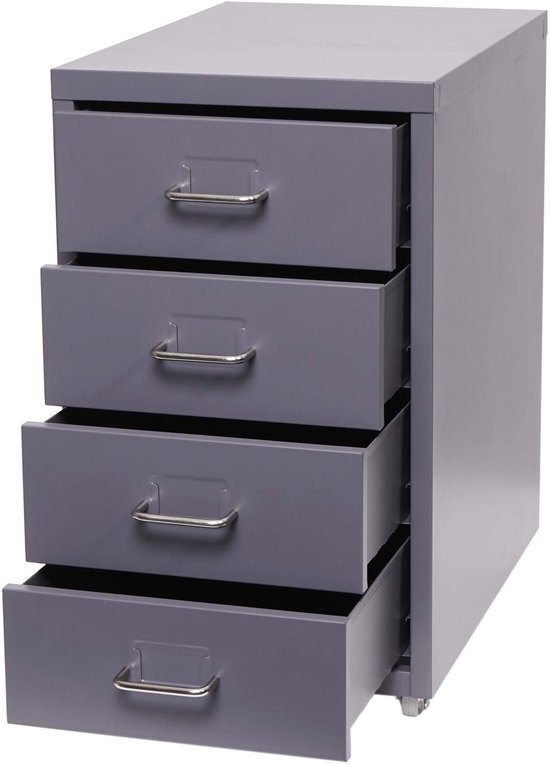 Grijze metalen archiefkast op wielen met vier laden, waarvan er twee open zijn.
