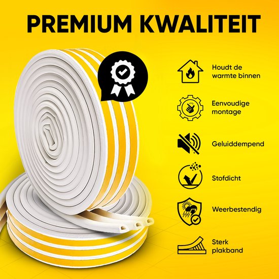 Rol witte tochtband met gele strepen, met tekst "PREMIUM KWALITEIT" en icoontjes voor warmte binnen, montage, geluiddempend, stof- en weerbestendig.