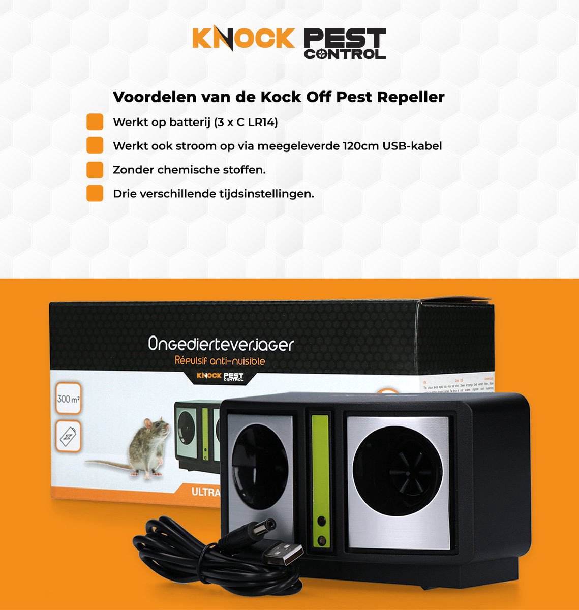Knock Pest Control Ratten en Muizen Verjager 1 stuk - Ultrasone verjager - Inclusief USB kabel - Vrij van Chemische Stoffen - 3 tijdsinstellingen