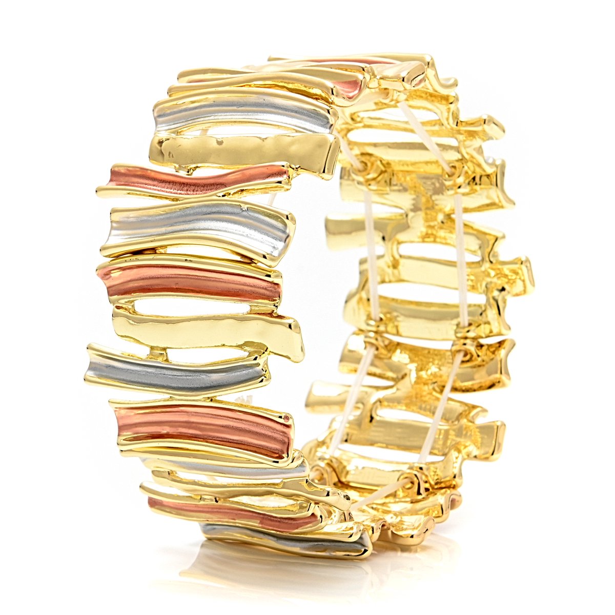 Dames Armband – Elastische Armband met Rood, Blauw en Goudkleurige Rechte Stroken – Milieuvriendelijk Metaal
