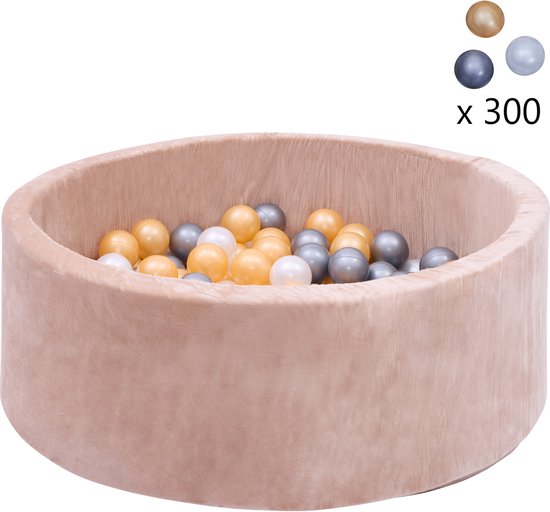 Sunny Boaz Ballenbak inclusief 300 ballen Velvet Beige – Wit/Grijs/Goud Ø7cm ballen – Ballenbad rond Ø90x30cm