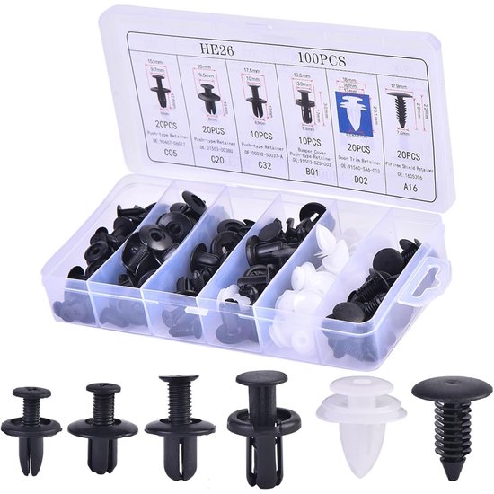 Clips de fixation TOVBMUP - Clips de fixation pour voiture - Rivets extensibles - 6 types - pour portes, pare-chocs, ailes et barres de poussée - 100 pièces