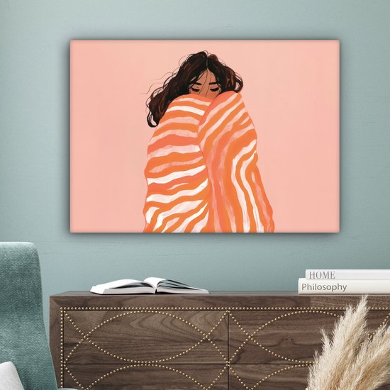 Canvas schilderij 80x60 cm - Exclusieve wanddecoratie Meisje - Deken - Gestreept - Oranje - Muurdecoratie woonkamer - Slaapkamer decoratie - Kamer accessoires - Schilderijen op canvas