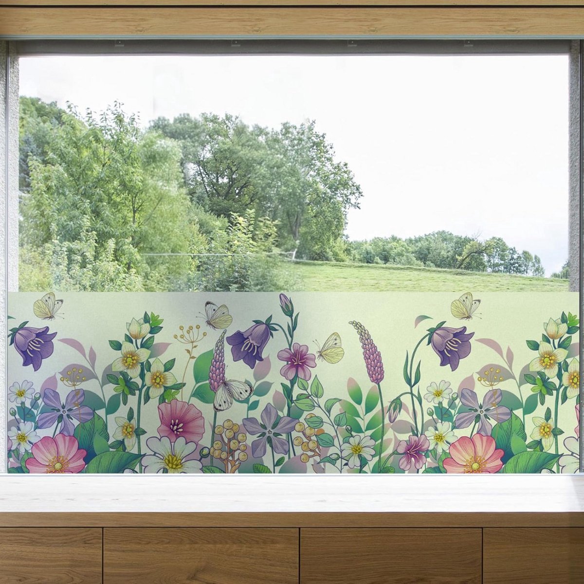 Thuys – Raamfolie Bloemen – Glas in Lood – Vlinders – Kleurrijk Slas in Lood – ‎45cm x 200cm x 0.01cm