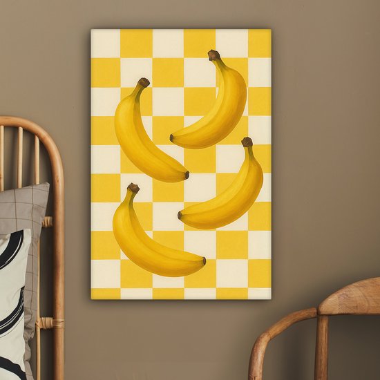 Tableau sur toile 60x90 cm - Décoration murale Bananes - Jaune - À carreaux - Décoration murale salon - Décoration chambre - Accessoires chambre - Peintures sur toile