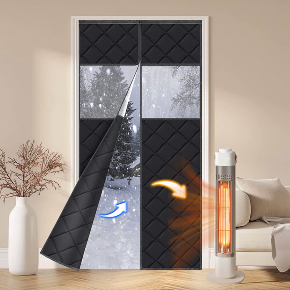 Qelus Warmtewerend Deurgordijn met Magnetische Sluiting - Dubbele deuren - Gewatteerd, Zelfklevend Gordijnen met Transparant Raam - Energiebesparend, Tochtwerend voor Huis en Woondecoratie (Zwart) Zwart-1