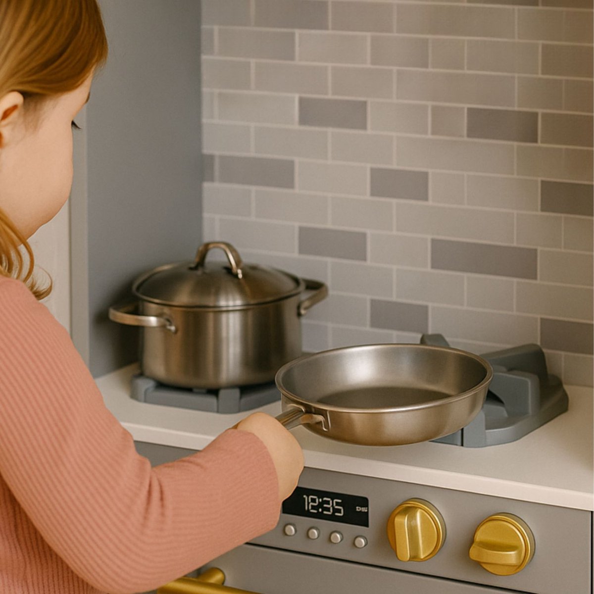 Maxx kidz - Houten Speelgoed Keuken Met Hoek - Complete Speelkeuken - Grijs Keukentje - Stevige Kinderkeuken met Accessoires - Speelgoedkeuken met Licht, Geluid en Pannetjes — afbeelding 7