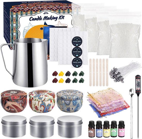Zelf kaarsen maken - Candle Making Kit - Inclusief 1000 Gram Soja Wax - Kaarsen maken voor volwassenen - Kaarsen maken kinderen - Wicks - Essences - Kleurstoffen - Smeltpot - Blikjes - Geschikt voor het maken van kaarsen Beginners - Kaarsenlont