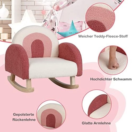 Kinder Schommelstoel Teddy Fluweel Rood Met Massief Houten Poten Anti-Kantel Design Mini Stoel Voor Kinderkamer Peuters 3-5 Jaar — afbeelding 2