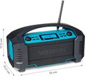 Draagbare blauwe en zwarte radio met handvat, afmetingen 33 x 17,5 x 15,2 cm.