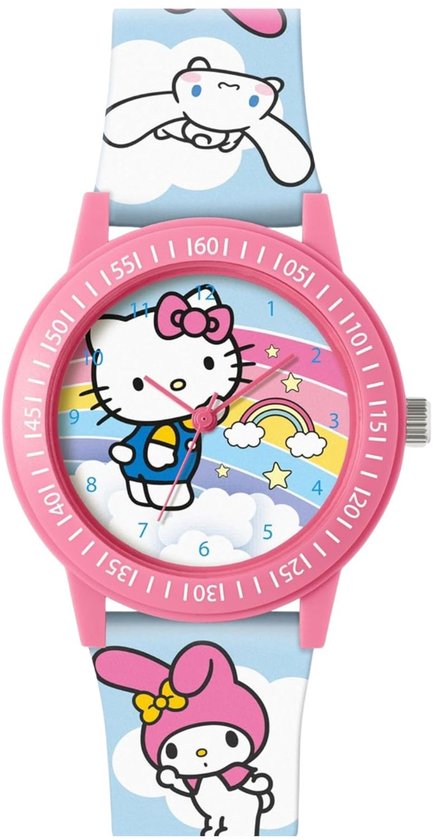 Roze Hello Kitty horloge met regenboog en wolken op de wijzerplaat en band.