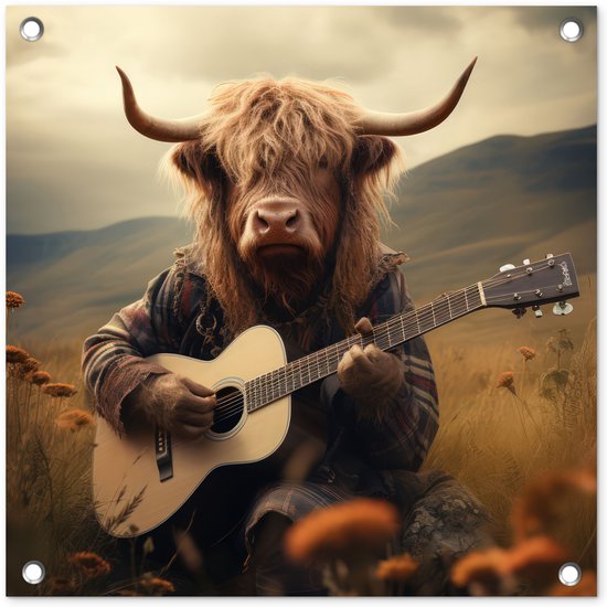 Tuinposter 50x50 cm - Tuindecoratie Schotse hooglander - Gitaar - Bloemen - Bergen - Poster voor in de tuin - Buiten decoratie - Schutting tuinschilderij - Tuindoek muurdecoratie - Wanddecoratie balkondoek
