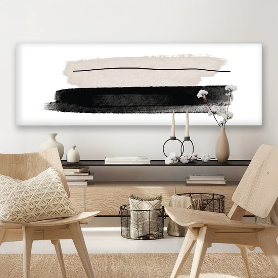 Canvas schilderij 180x60 cm - Wanddecoratie Abstract - Lijnen - Zwart - Beige - Kunst - Muurdecoratie woonkamer - Slaapkamer decoratie - Kamer accessoires - Schilderijen op canvas