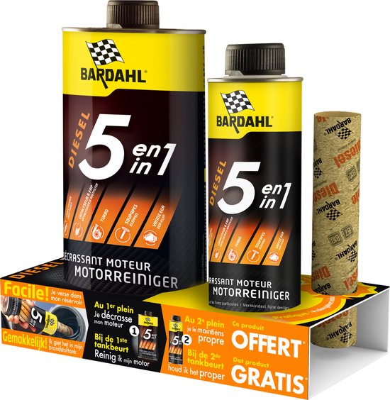 Bardahl Nettoyant Moteur Diesel 5 en 1 : Bouteille 1L et bouteille 300ml, avec logo Bardahl et drapeau. Boîte promotionnelle avec instructions.