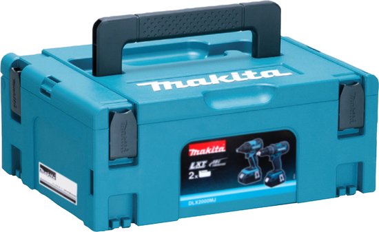 Turquoise Makita opbergkoffer met zwarte handgreep. Gekoppeld met 2 compacte Makita boormachines.
