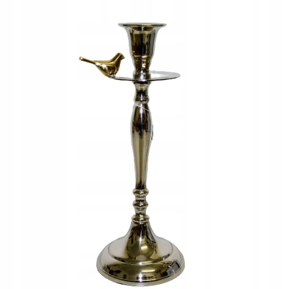 Zilveren Metalen Kandelaar met Gouden Vogel - 32cm