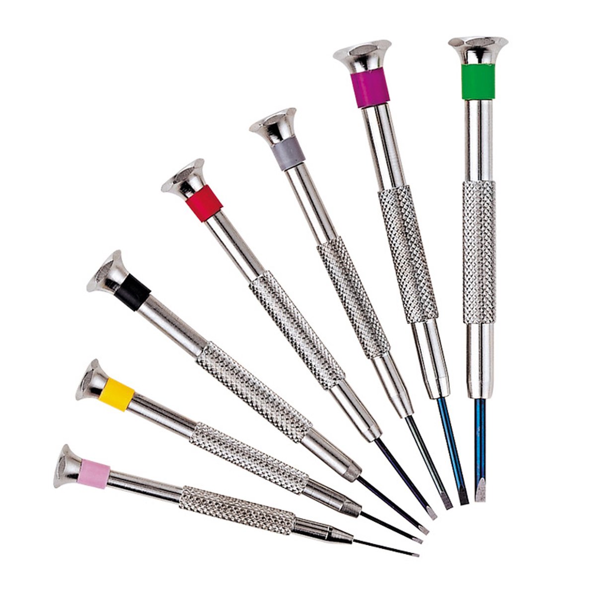 Horlogemakersschroevendraaierset - Met 7 kleurgecodeerde precisieschroevendraaiers - In praktische, gecompartimenteerde koffer - C335982
