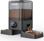 Oneisall Automatische kattenvoerdispenser - 5 liter - 2 voerbakken - Met één knop - Eenvoudig te bedienen - Kattenvoerdispenser - Met roestvrijstalen kom