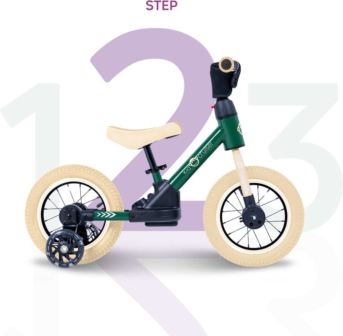 Kidcruiser Loopfiets 2+ jaar - Optioneel met LED Zijwieltjes & Trappers - 3-in-1 Kinderfiets - 12 inch – Donker Groen & Creme wit – Modulair Design - Driewieler loopfiets — afbeelding 5