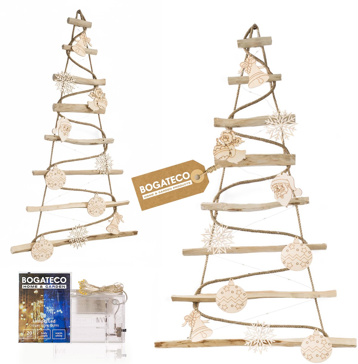 BOGATECO Handgemaakte kerstboom 95 cm hoog met decoraties, gemaakt van hazelnoothout | Decoratieve hanger | met 200 cm LED-verlichting | Houten panelen verbonden met een jute touw met een dikte van 6