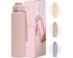 Cabau Bloom RVS Waterfles 870ml Soft Pink | Geïsoleerde BPA-vrije & Lekvrije Thermosfles | Duurzame Herbruikbare Drinkfles met Schoonmaakborstel & Draagkoord | BPA vrij Sportfles Dames | Waterfles Volwassenen | Cadeau voor Haar