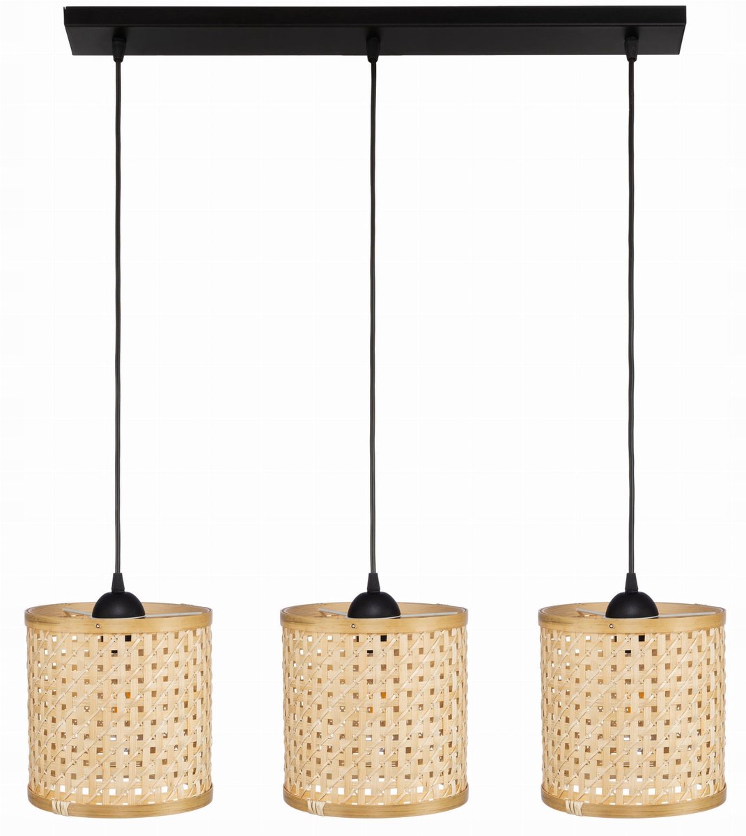 Zwarte hanglamp met 3 bamboe kappen, boho stijl, E27