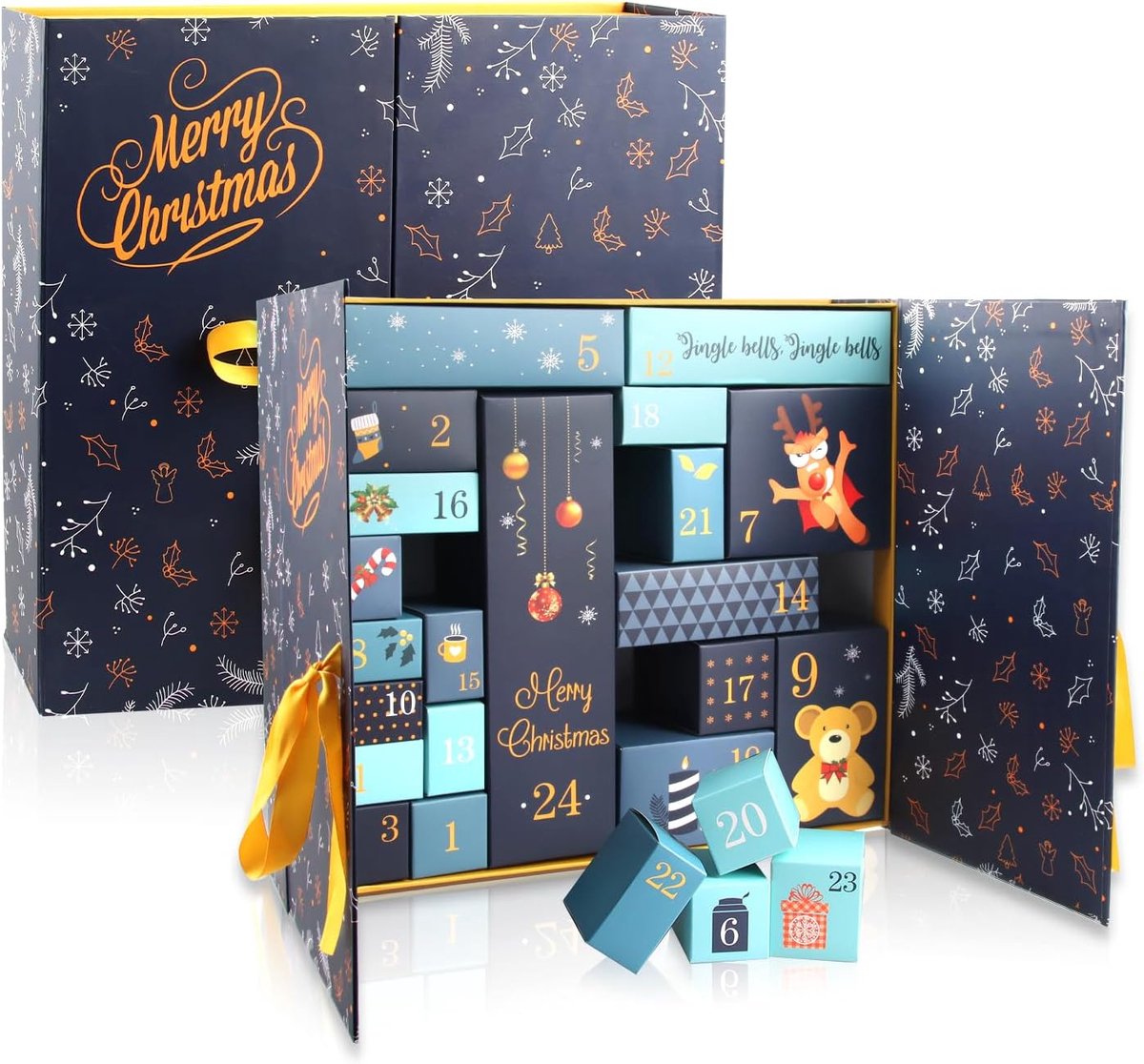 Adventskalender 2025 in blauw, doe-het-zelf met 24 adventskalenderdozen voor volwassenen.